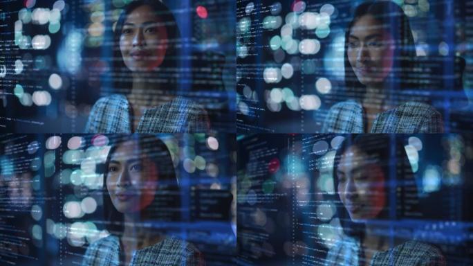 亚洲女性创业数字企业家在计算机上工作的肖像，代码线投射在他的脸上并反射。使用人工智能、大数据开发创新