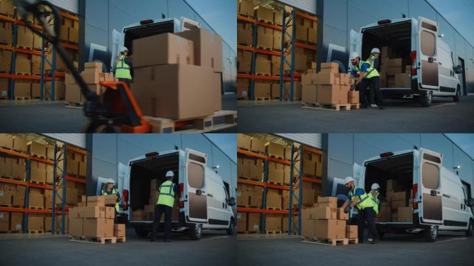 在物流配送仓库之外，库存经理使用平板电脑，与用纸板箱装载送货卡车的工人交谈。在线订单、采购、电子商务