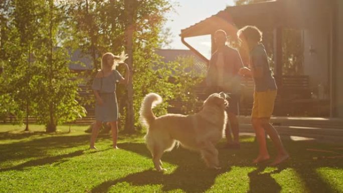 微笑的四口之家在后院草坪上与快乐的金毛猎犬一起玩飞碟。田园诗般的家庭在避暑别墅后院与忠诚的血统狗在户