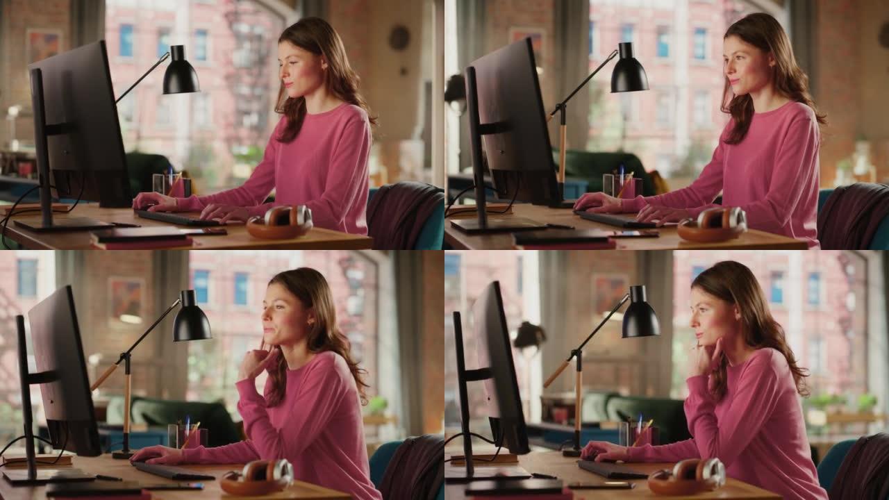 穿着粉色套头衫的年轻漂亮女性在家用台式电脑工作。有创造力的女人检查社交媒体，浏览互联网。阁楼公寓，从