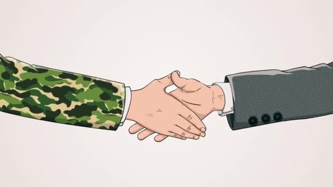 陆军士兵和商人之间的合作在一个白色背景与光哑光，色度键，阿尔法通道，握手的概念，商业协议，政治，会议