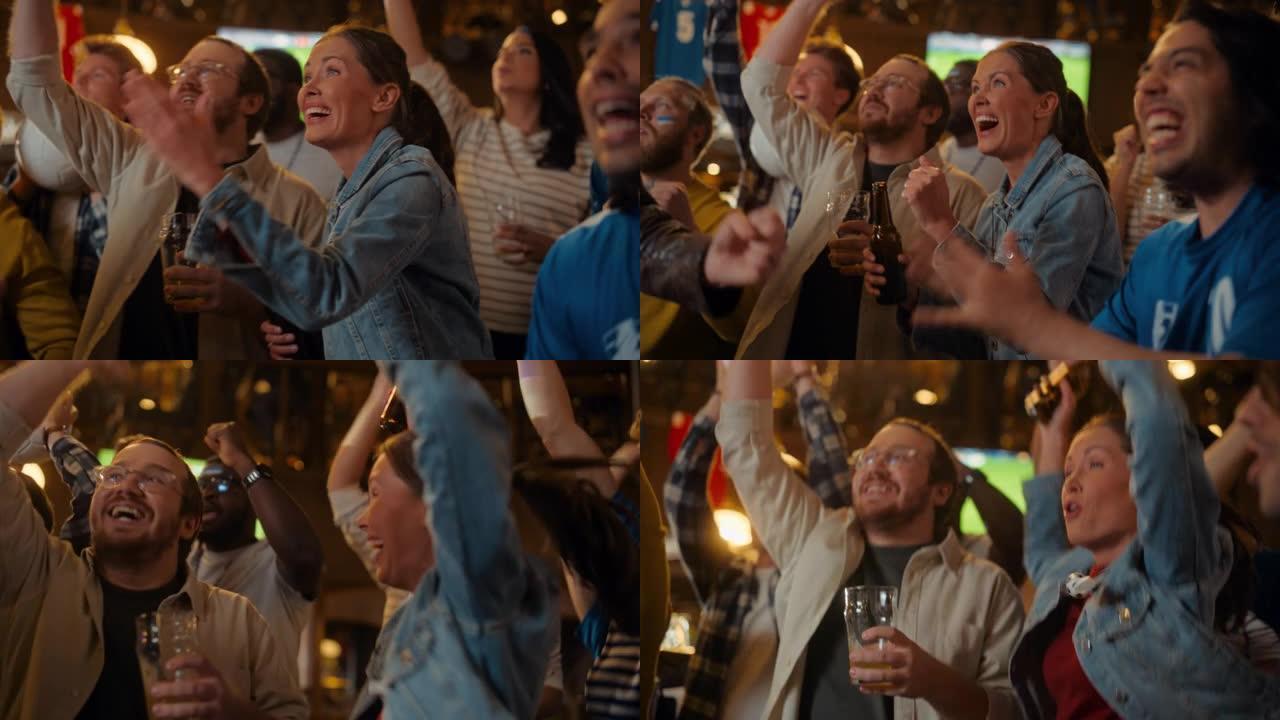 足球俱乐部成员为他们的球队欢呼，参加国际杯决赛。支持球迷站在酒吧里，欢呼，举手并大喊大叫。晚上在酒吧