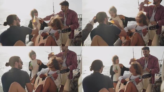 SLO MO女人在帆船甲板上向一群朋友弹吉他