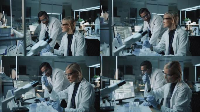 女研究科学家与生物工程师就现代实验室中的最新DNA实验进行了交谈。她使用微量移液管混合液体，并借助计