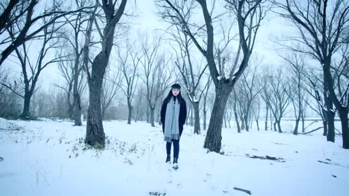 年轻女性独自在冬季林地行走