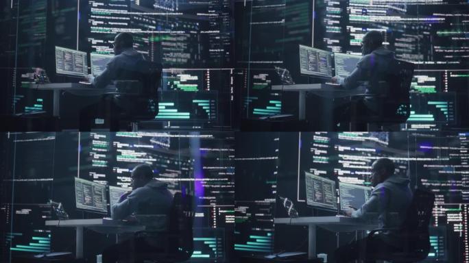 一个在电脑上工作的黑人的肖像，在监控室里，他周围的大屏幕上键入代码行。男性程序员使用AI数据和系统创