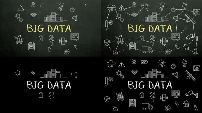 “大数据” 和各种工业革命4.0图标动画的粉笔绘制。