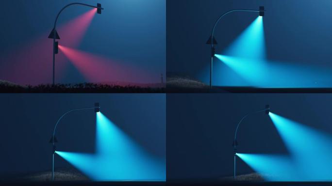 神秘的交通信号灯像舞台上的聚光灯一样照亮雾蒙蒙的街道