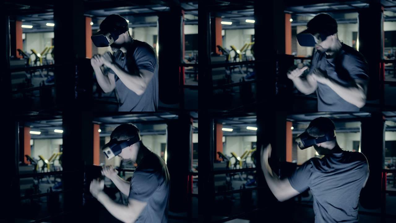 VR中的运动员-健身房拳击中的眼镜