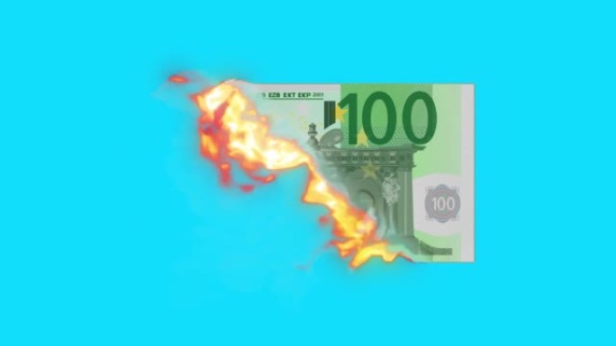 一百欧元钞票在蓝屏上燃烧，色键动画，欧洲货币钞票在火焰中消失。金融危机，灾难，损失，衰退，失败，金融