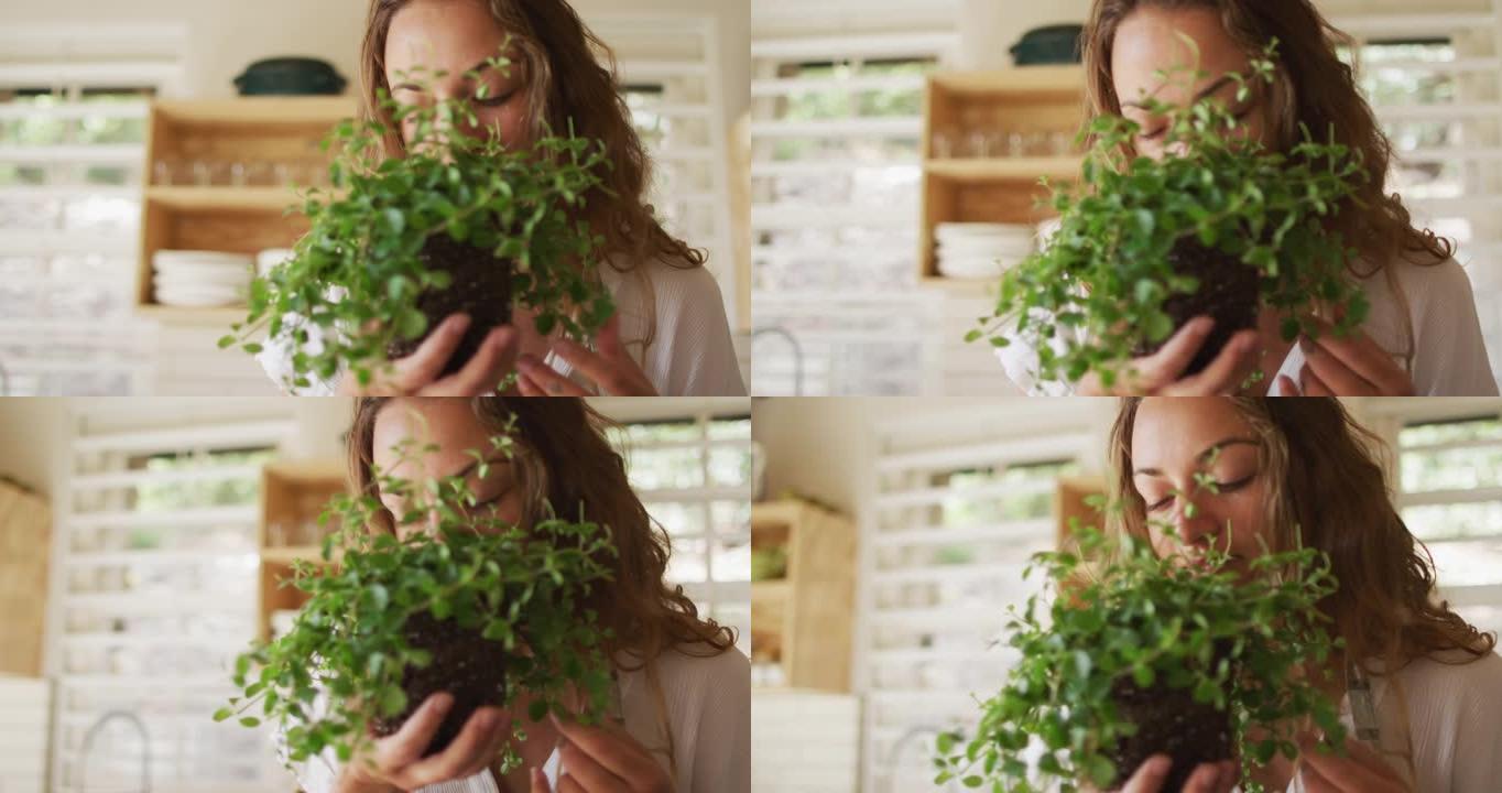 快乐的白人妇女在小屋厨房里闻到植物的味道