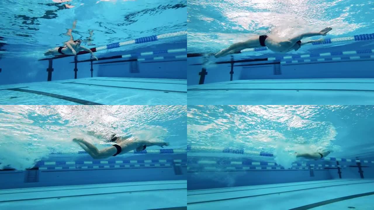 专业游泳运动员在游泳池训练。水下视图