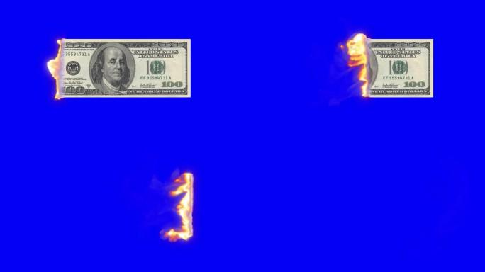 一百美元钞票在蓝屏上燃烧，色键动画，美国钞票在火焰中消失。金融危机，灾难，损失，衰退，失败，金融，税