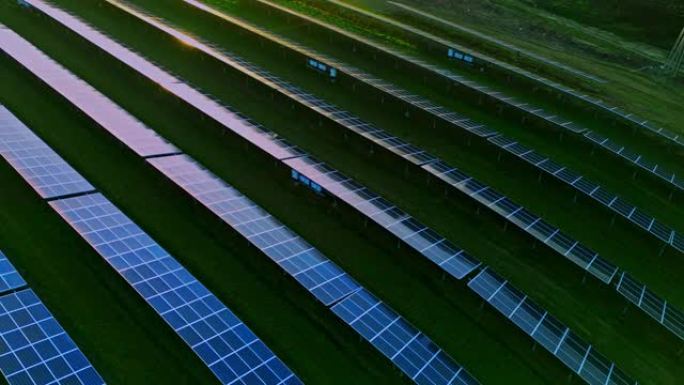 农村太阳能农场太阳能电池板上的无人机视角