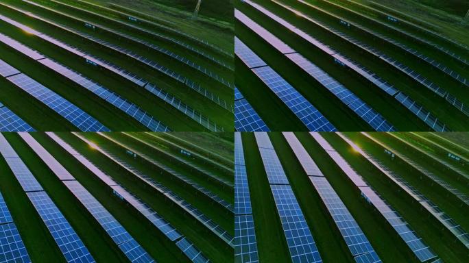 农村太阳能农场太阳能电池板上的无人机视角