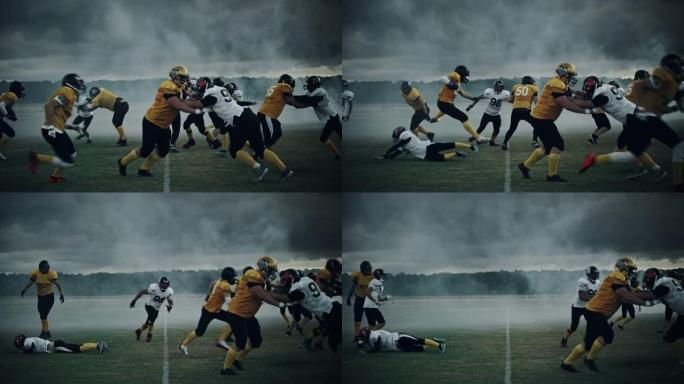 美国橄榄球队开始比赛:职业球员，侵略性的对峙，拦截，传球，争球和得分。战士比赛充满了野蛮的能量，力量