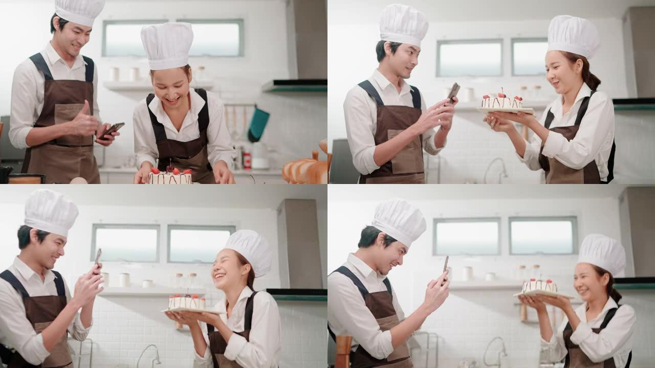 英俊的男人在做蛋糕时给女朋友拍照。