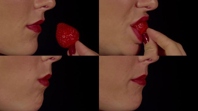 慢动作特写: 红唇女人吃草莓