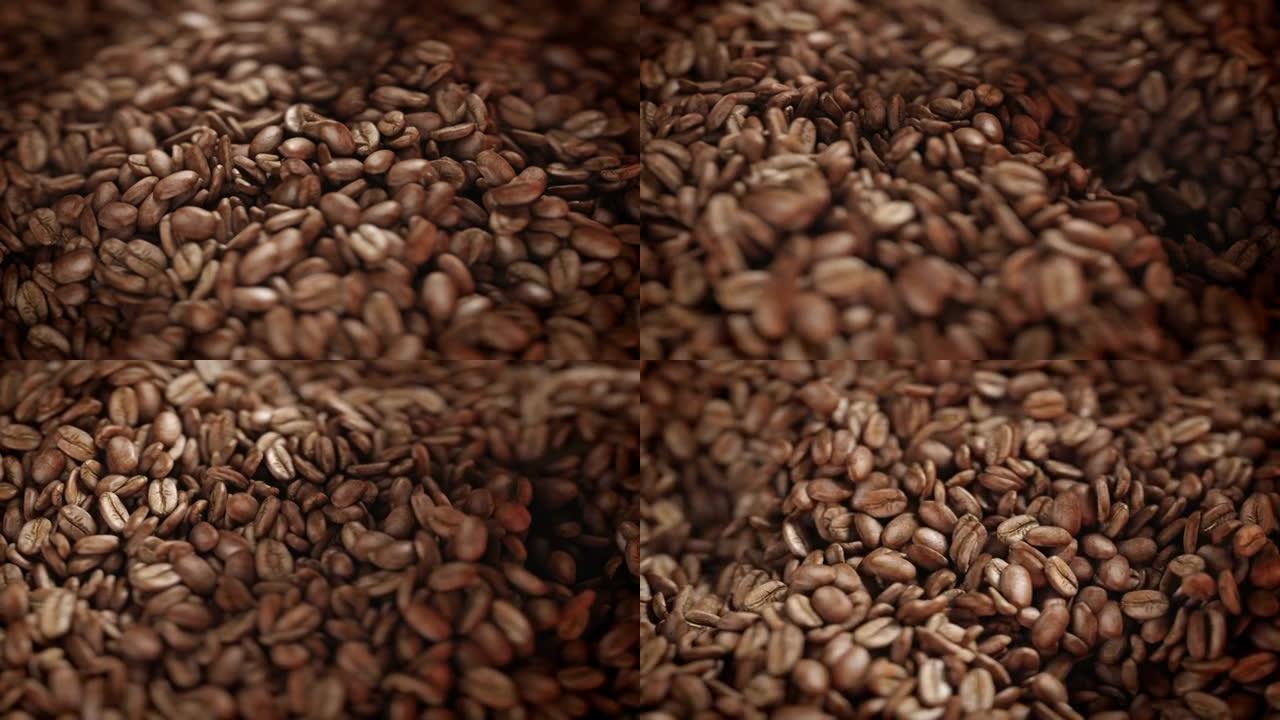 烘焙咖啡豆在4K的研磨机中旋转