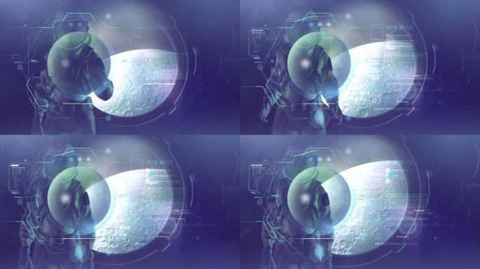 宇航员在轨道上探索月球，3D渲染。
