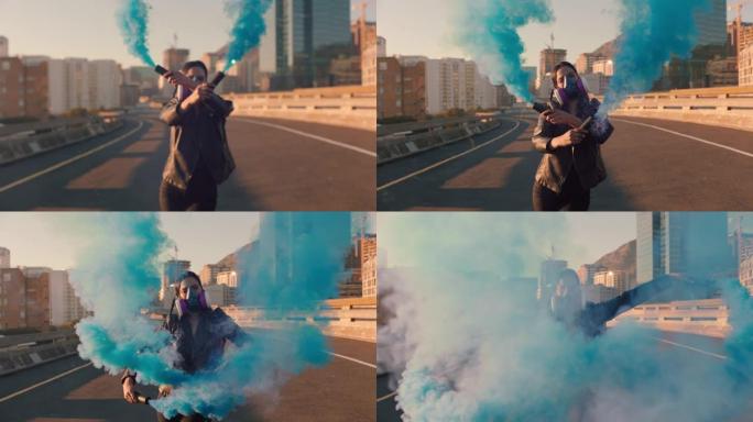 年轻女子戴着防毒面具手持手榴弹跳舞叛逆女孩抗议有毒空气呼吸器污染全球变暖气候变化紧急情况