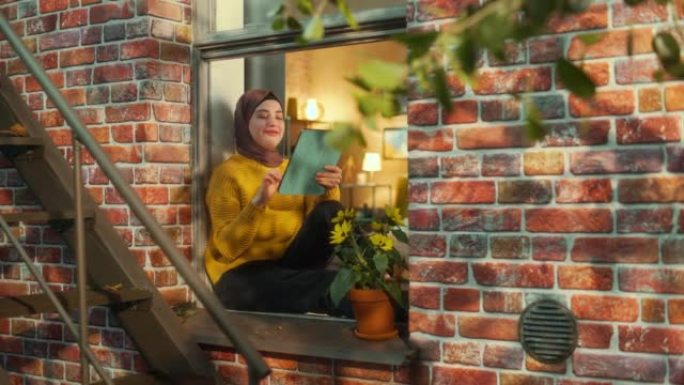 戴着头巾的快乐阿拉伯女性坐在窗台上，使用平板电脑上的在线应用程序检查社交媒体。从公寓窗户拍摄。褐砂石
