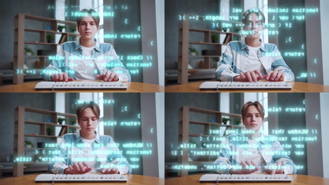 年轻的专业程序员在工作场所的全息显示监视器上编写代码。创新技术计算设备的人员工作。增强现实网络神经网