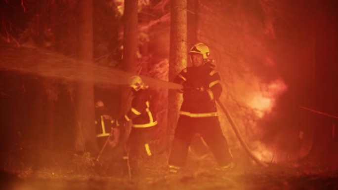 一位英俊的专业消防员的电影肖像在消防水带的帮助下迅速扑灭了森林大火。消防员大队从无法控制的纵火中拯救