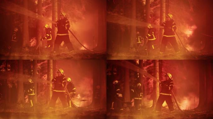 一位英俊的专业消防员的电影肖像在消防水带的帮助下迅速扑灭了森林大火。消防员大队从无法控制的纵火中拯救