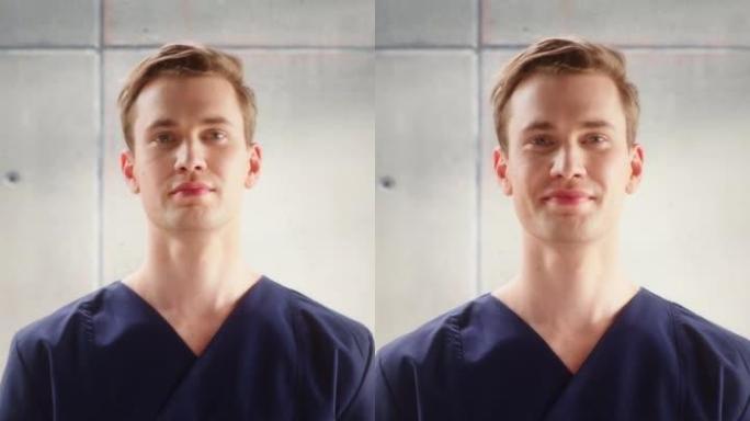 一位英俊的专业男护士站在镜头前摆姿势，在医疗康复中心微笑的垂直肖像。医院理疗助理。年轻的执业医生。
