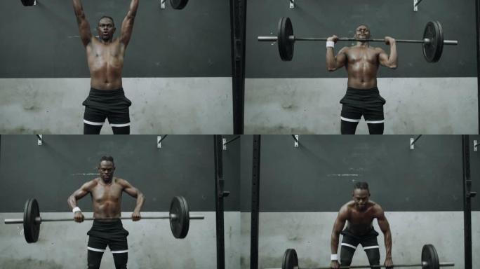 4k视频片段，一个肌肉发达的年轻人在健身房用杠铃进行头顶按压