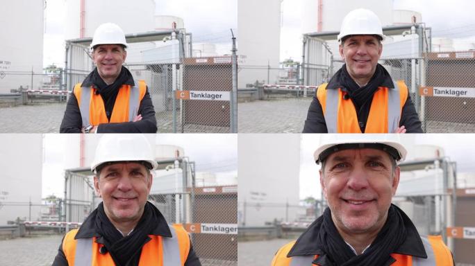 微笑着炼油厂成熟的男性工程师