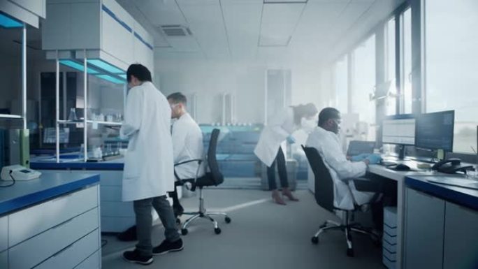 医学实验室拥有多种族的科学家团队，开发药物，医学，进行生物技术研究。在计算机上工作，使用显微镜，分析