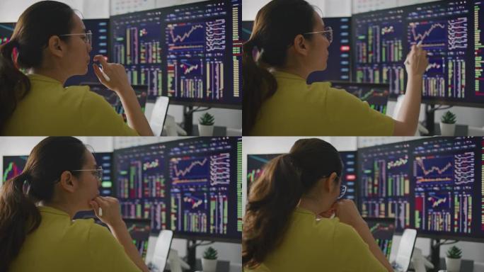 交易员投资者工作在计算机与多监视器工作站实时股票