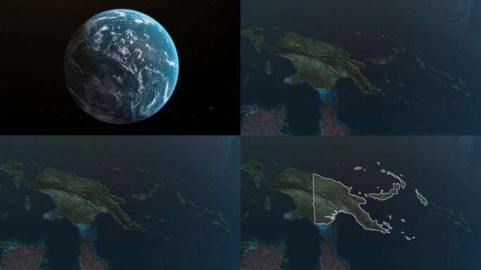 巴布亚新几内亚地图，通过4k照片真实的动画地球仪从空间放大，全景包括澳大利亚。史诗旋转世界动画，现实