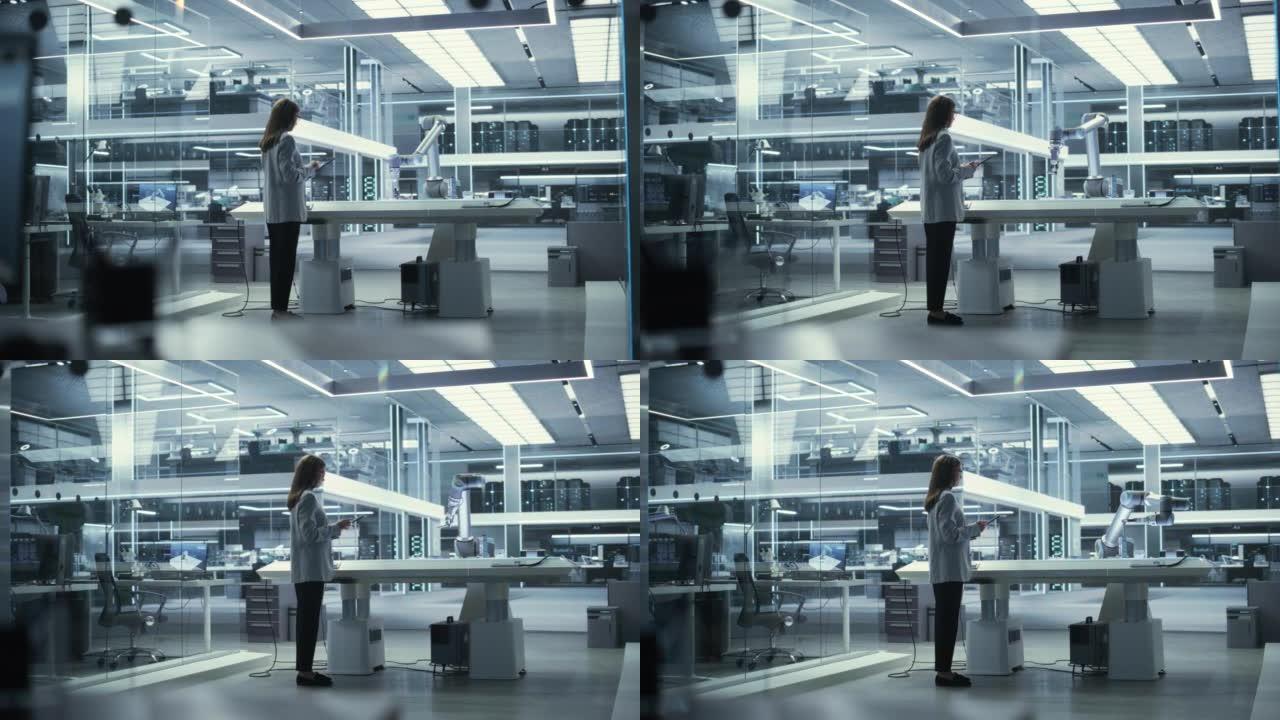 工业机器人工程师来到一家高科技工厂的带机械臂的桌子前。女科学家使用平板电脑来操纵和编程机器人，以拾取