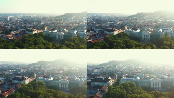 雄伟的夏季日出空中全景，在历史建筑区域，欧洲老城利沃夫的中心部分，乌克兰。