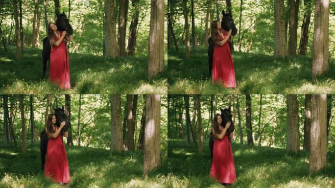 穿着红色连衣裙的SLO MO女人在阳光明媚的森林中拥抱她的马
