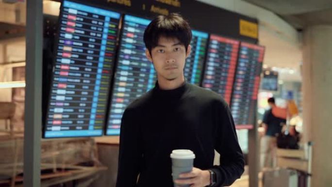 亚洲游客手持咖啡杯站在机场航站楼