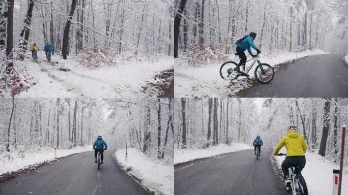 冬天，几个骑自行车的人连续在户外路上骑行。