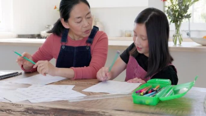 儿童，家庭作业和学习学校工作在平板电脑上与母亲，祖母或家庭教师一起在家庭中进行教育，发展和知识。亚洲