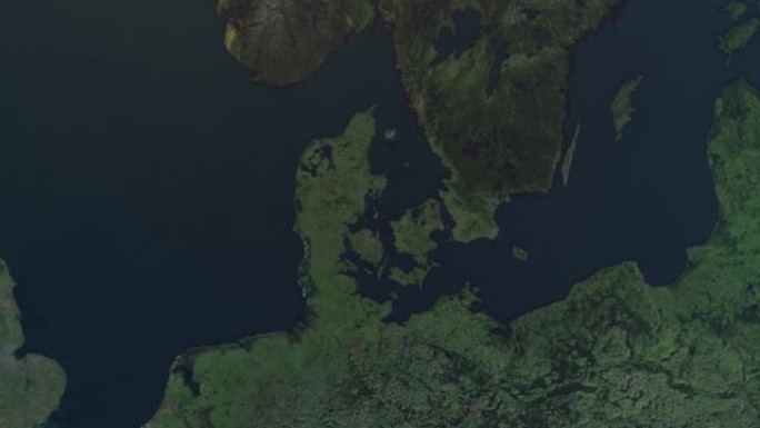 丹麦地图，通过4k照片真实的动画地球仪从空间放大，全景包括亚洲，非洲和欧洲。史诗旋转世界动画，现实地