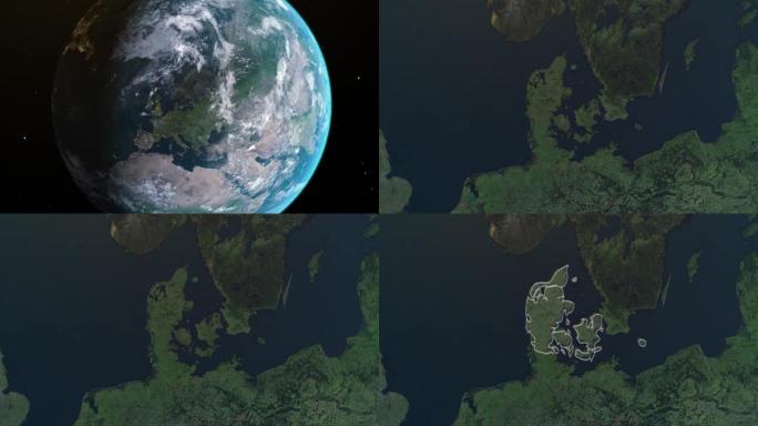 丹麦地图，通过4k照片真实的动画地球仪从空间放大，全景包括亚洲，非洲和欧洲。史诗旋转世界动画，现实地