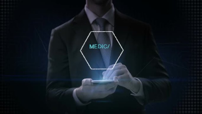 商人点击智能手机，“医疗技术” 和各种未来医疗技术图标在六角形，4k动画。