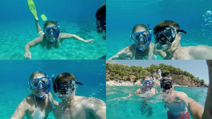 克罗地亚亚得里亚海，波夫女士自拍肖像夫妇在水下浮潜