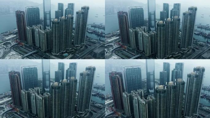 香港城市在雾中香港金融中心CBD城市航拍