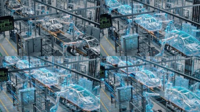汽车厂数字化行业4.0概念: 自动化机械臂流水线制造高科技绿色能源电动汽车。人工智能计算机视觉分析，