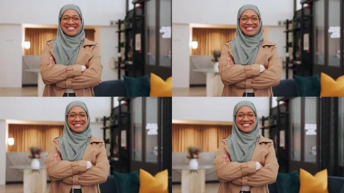 头巾，穆斯林和快乐的职业女性对微笑的办公室工作感到自豪。一名来自伊朗的伊斯兰员工的肖像从营销生涯和公