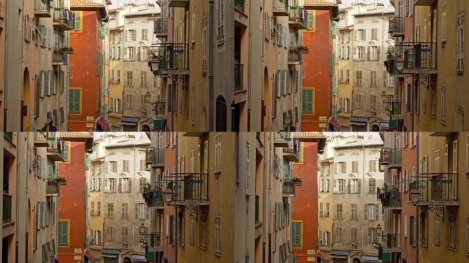 万向镜头拍摄了法国尼斯老城区的彩色房屋。4K UHD