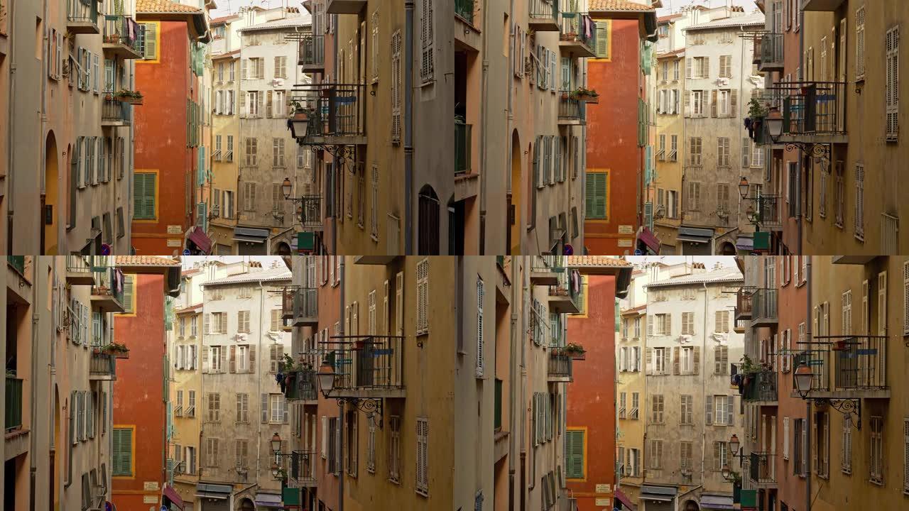 万向镜头拍摄了法国尼斯老城区的彩色房屋。4K UHD